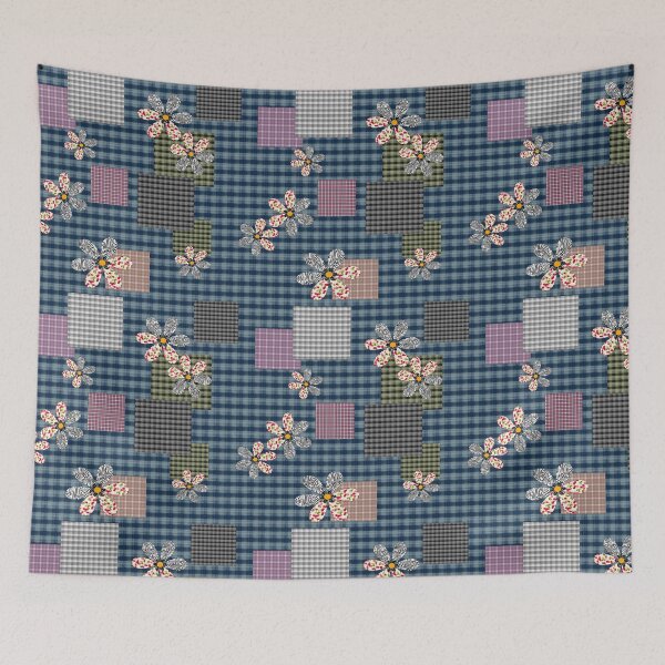 Item preview, Checkered floral blue patchwork designed and sold by fuzzyfox.