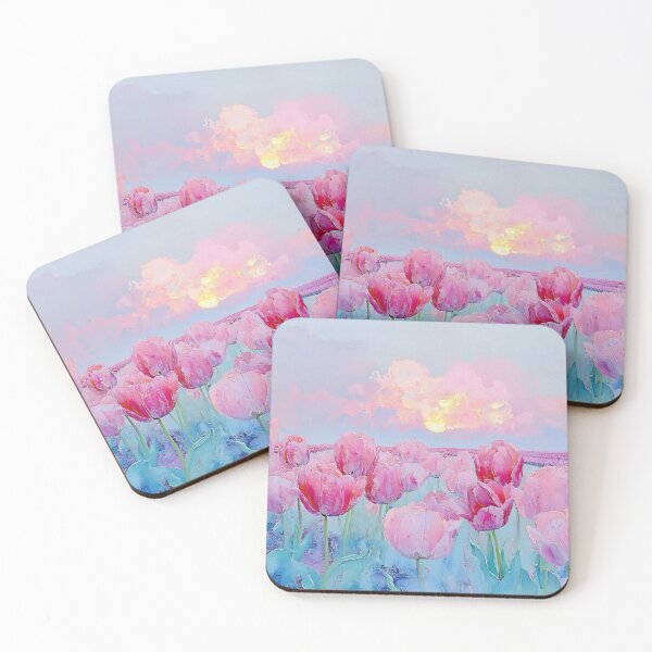 Item preview, Vibrant Tulip Field Art, Pink Purple Golden Sky Floral Illustration designed and sold by daila70.