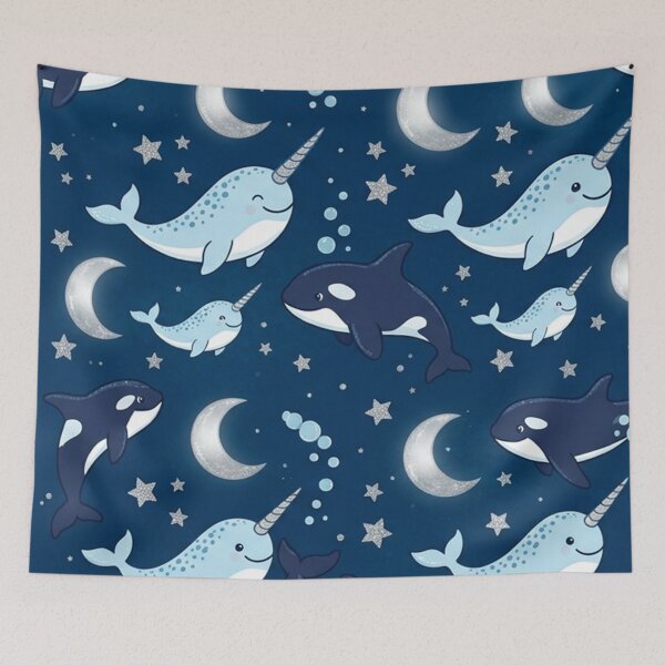 Item preview, Whimsical Narwhals and Orcas Night Sea Pattern designed and sold by Owcomm.
