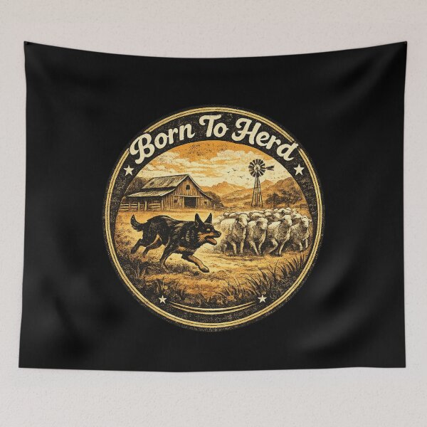 Item preview, Born To Herd Australian Kelpie Vintage Farm Dog Retro Ranch Badge Design designed and sold by Globalcitytees.