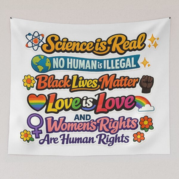 Item preview, Science is real, no human is illegal, black lives matter, love is love, and women's rights are human rights designed and sold by EchoPrint Co..