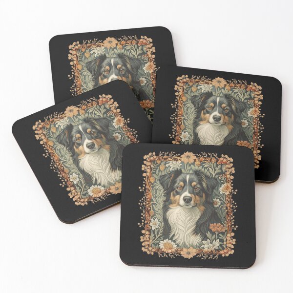 Item preview, Tri Black Australian Shepherd William Morris Style Floral designed and sold by AntiqueImages.