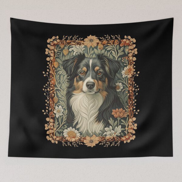 Item preview, Tri Black Australian Shepherd William Morris Style Floral designed and sold by AntiqueImages.