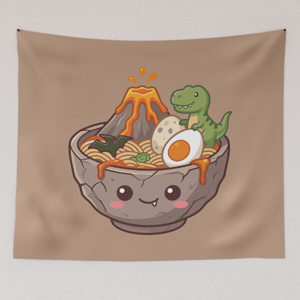 Item preview, kawaii dinosaur ramen bowl with volcano and soft boiled egg designed and sold by Mochii-studio.