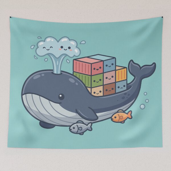 Item preview, cute blue whale cargo ship carrying colorful kawaii containers designed and sold by Mochii-studio.
