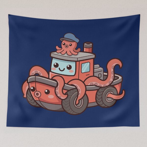 Item preview, happy kawaii octopus captain driving an orange tugboat designed and sold by Mochii-studio.