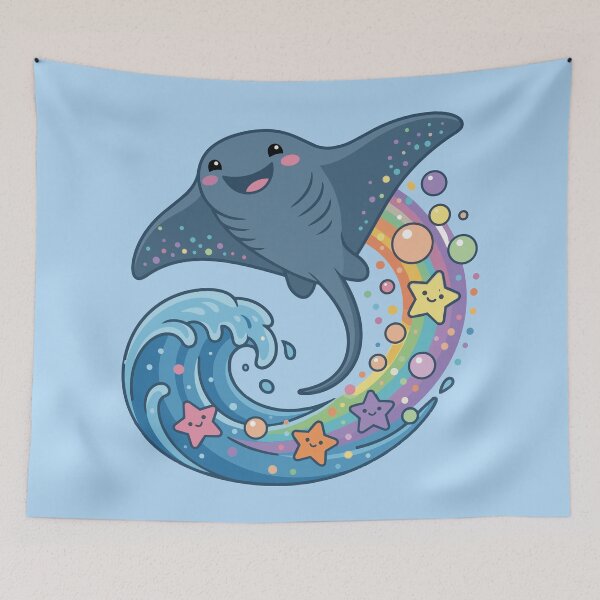 Artikelvorschau, Ein zauberhafter Kawaii-Mantarochen schwimmt in regenbogenfarbenen Pastellwellen entworfen und verkauft von Mochii-studio.