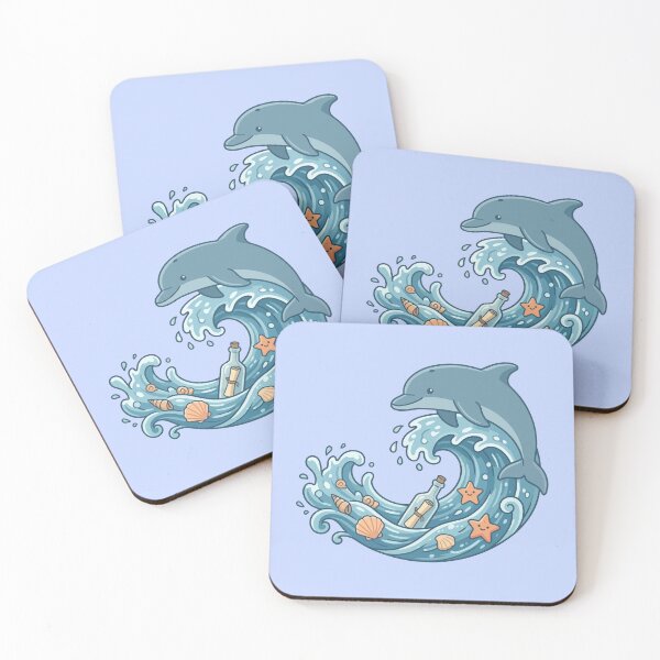 Item preview, cute kawaii dolphin jumping over ocean waves with message in a bottle designed and sold by Mochii-studio.