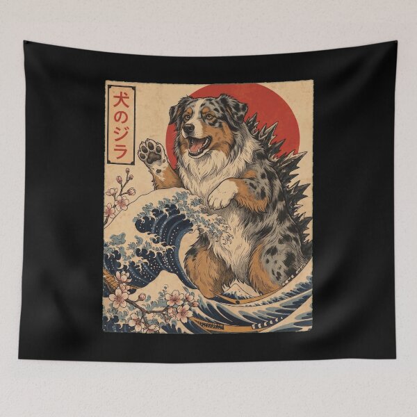 Item preview, Australian Shepherd Dogzilla Japanese Wave Art Dog Owner designed and sold by TerryConnells.