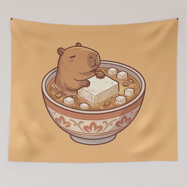 Item preview, Cute Kawaii Capybara Relaxing in a Miso Soup Bowl with Tofu designed and sold by Mochii-studio.