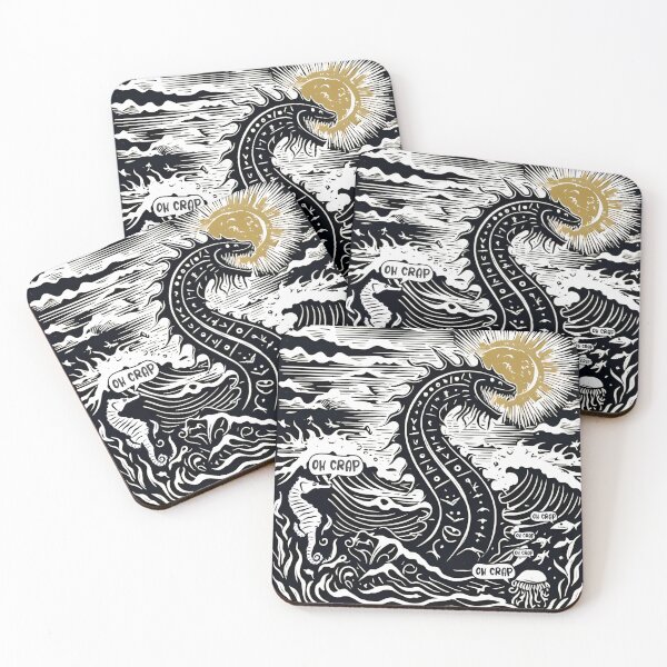 Item preview, Asian woodcut linocut sea monster serpent attack oh crap designed and sold by BigMRanch.