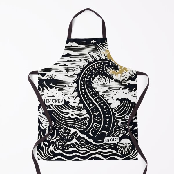 Item preview, Asian woodcut linocut sea monster serpent attack oh crap designed and sold by BigMRanch.