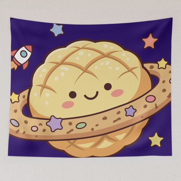 Item preview, Happy Kawaii Melon Pan Planet with Cute Space Rings designed and sold by Mochii-studio.