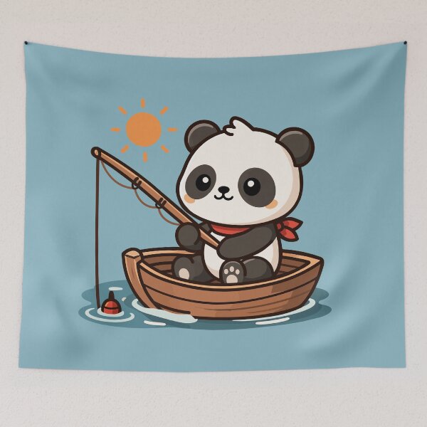 Item preview, Cute Kawaii Panda Bear Fishing in a Wooden Boat designed and sold by Mochii-studio.