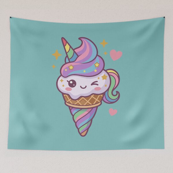 Aperçu de l'œuvre Cute Kawaii Unicorn Ice Cream Cone with Pastel Rainbow Hair créée et vendue par Mochii-studio.
