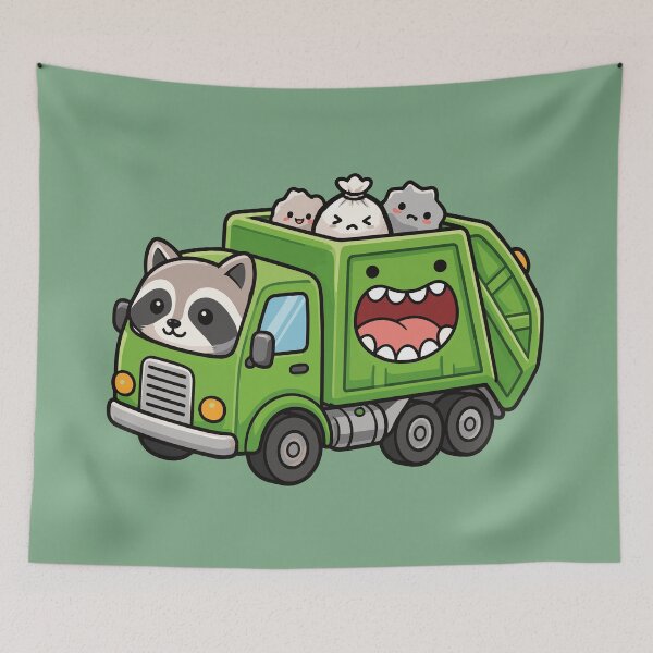 Item preview, Cute Kawaii Garbage Truck with Trash Raccoon and Little Cats designed and sold by Mochii-studio.