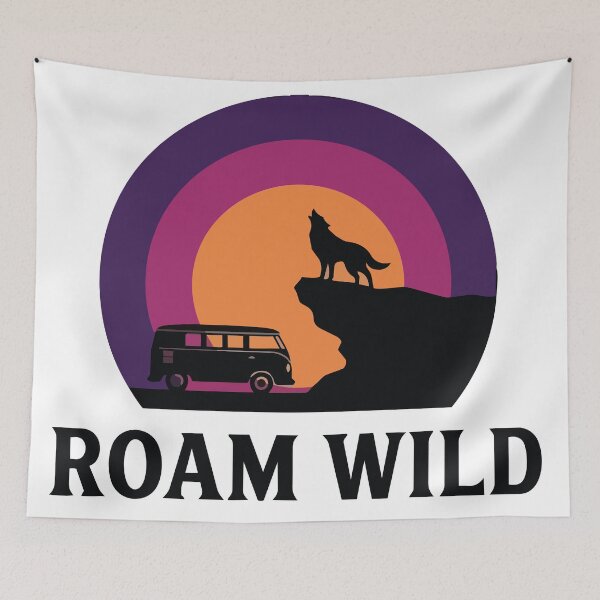 Item preview, Roam Wild - Wolf & Camper Van Cliffside Retro Sunset Circle Banner designed and sold by ArcApparel2020.