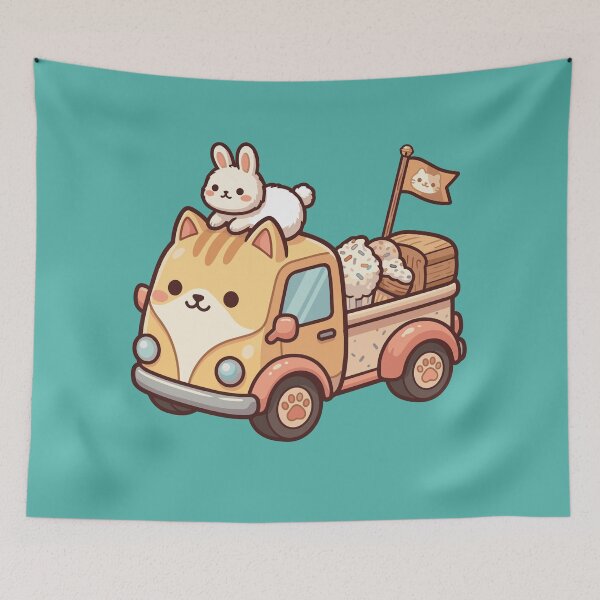 Item preview, kawaii cat,food truck with bunny baker and pastries designed and sold by Mochii-studio.
