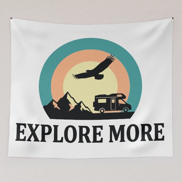 Item preview, Explore More - Eagle & Mountain Van Life Retro Sunset Circle Banner designed and sold by ArcApparel2020.