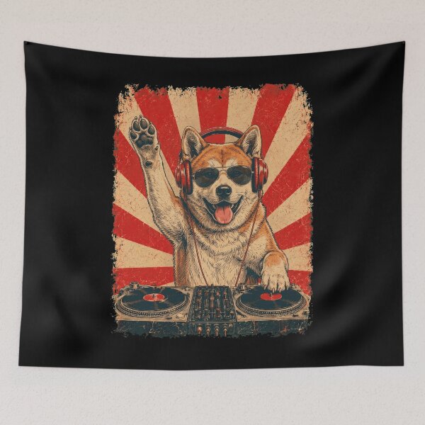 Item preview, Vintage DJ Akita With Headphones Art Dog Owner designed and sold by DoodleTortle.