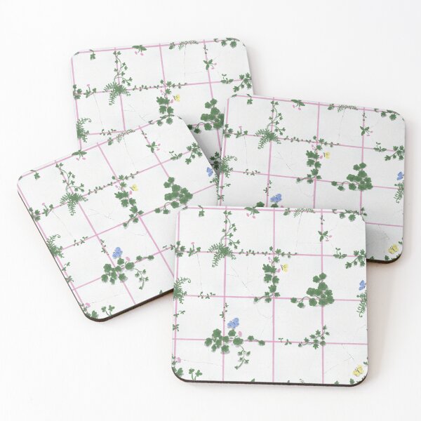 Item preview, Biophilia: Wild Plants Growing Through Old Cracked Tiles in Pink Grid designed and sold by Doodle Finch Designs.