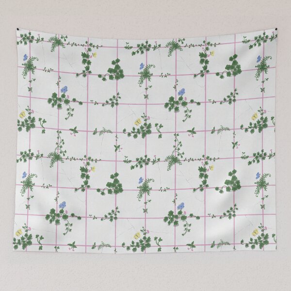 Item preview, Biophilia: Wild Plants Growing Through Old Cracked Tiles in Pink Grid designed and sold by Doodle Finch Designs.