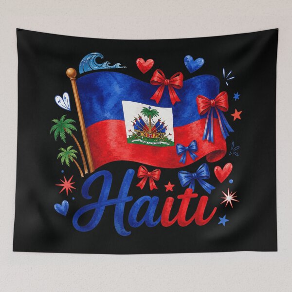 Item preview, Watercolor Haiti Flag Heritage Pride with Tropical Palm Trees and Hearts designed and sold by RuperDelois.