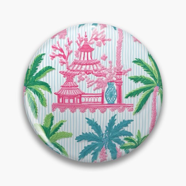 Item preview, Preppy pink pagodas, palm trees and ginger jars on blue stripe designed and sold by SophieClimaArt.