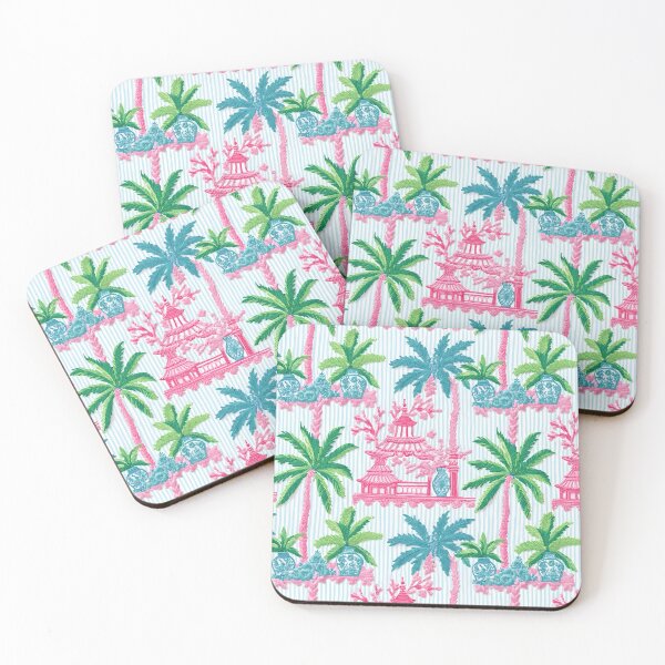Item preview, Preppy pink pagodas, palm trees and ginger jars on blue stripe designed and sold by SophieClimaArt.