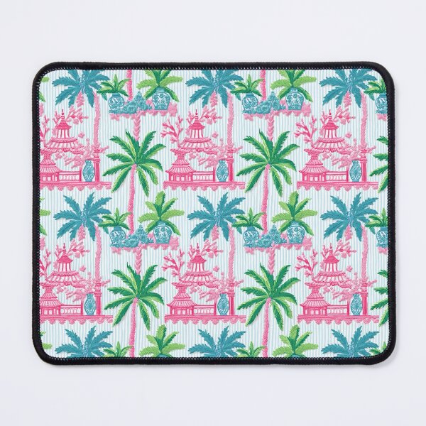 Item preview, Preppy pink pagodas, palm trees and ginger jars on blue stripe designed and sold by SophieClimaArt.