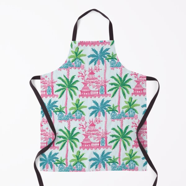 Item preview, Preppy pink pagodas, palm trees and ginger jars on blue stripe designed and sold by SophieClimaArt.