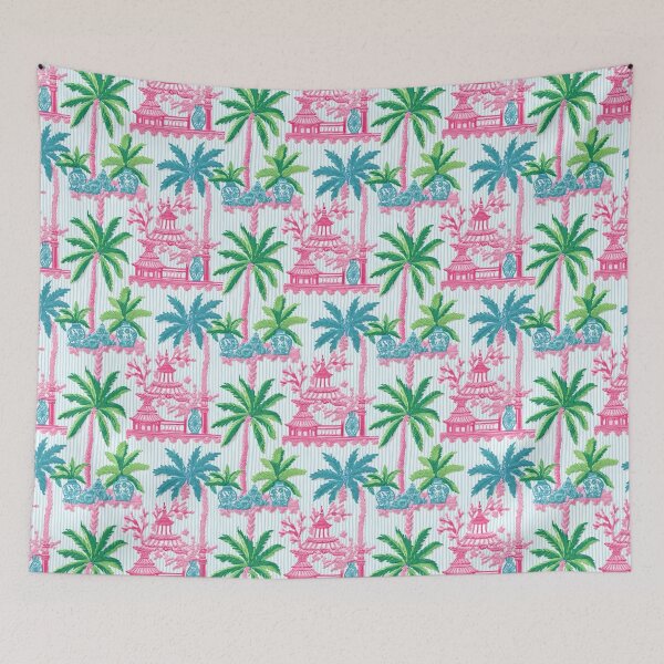 Item preview, Preppy pink pagodas, palm trees and ginger jars on blue stripe designed and sold by SophieClimaArt.