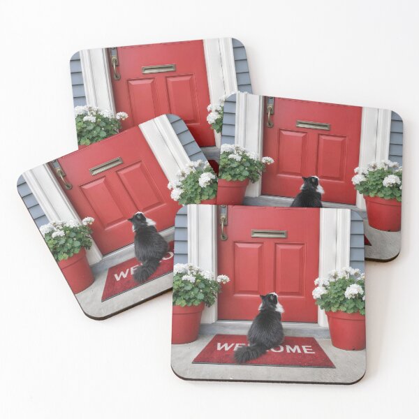 Item preview, Tuxedo Cat on a Red Welcome Mat designed and sold by Maria Dryfhout.
