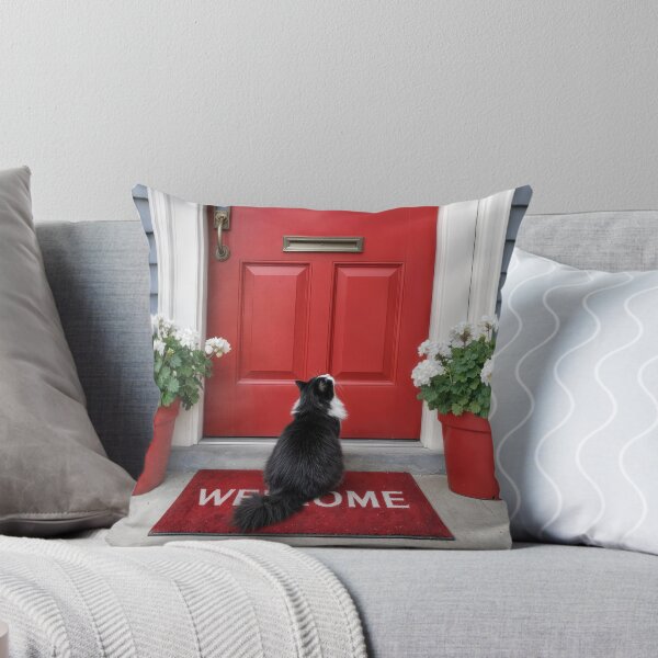 Item preview, Tuxedo Cat on a Red Welcome Mat designed and sold by Maria Dryfhout.