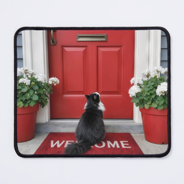 Item preview, Tuxedo Cat on a Red Welcome Mat designed and sold by Maria Dryfhout.