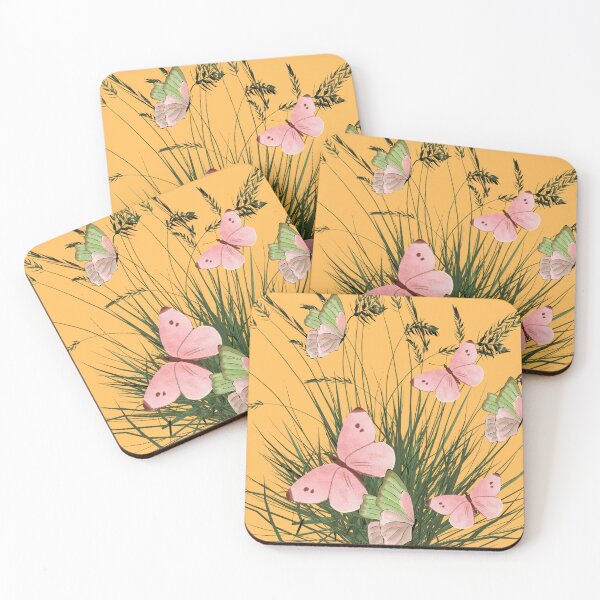 Item preview, Pink Green Butterfly Grass Botanical Yellow Orange Art Print designed and sold by Extremeallie.