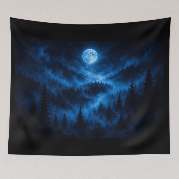 Item preview, Moonlit Pine Forest Blue Mist Mystical Art designed and sold by irfanshikh.