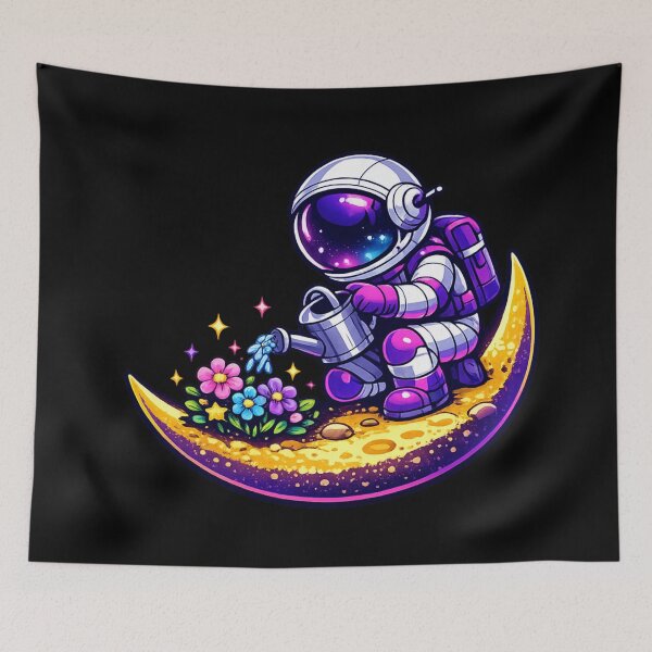Item preview, Moon Garden — Cute Astronaut Watering Flowers on Crescent Moon | Space Kawaii Art designed and sold by ArtoryWorks.