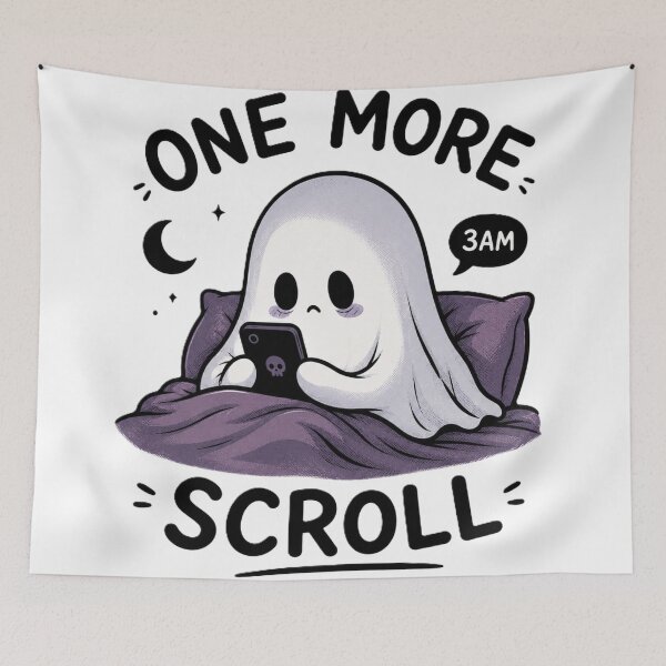 Item preview, “One More Scroll” Funny Ghost Doom Scrolling T-Shirt designed and sold by BlackBoneArt.