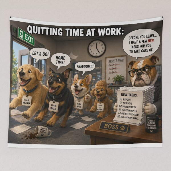 Item preview, Funny Quitting Time At Work Dogs Office Humor Boss Meme designed and sold by riki2365.
