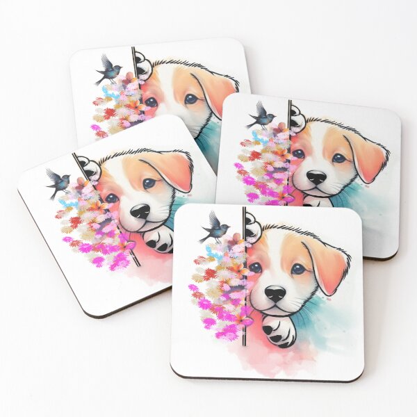 Item preview, Cute Puppy with Colorful Flowers & Bird Watercolor Art designed and sold by ExploreAura Studio.