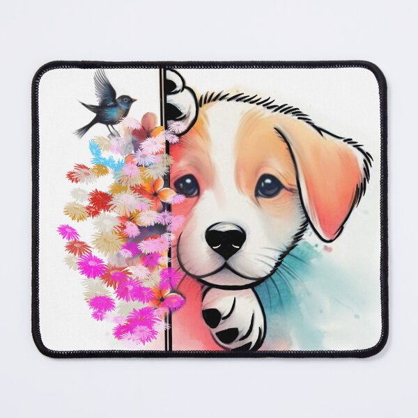 Item preview, Cute Puppy with Colorful Flowers & Bird Watercolor Art designed and sold by ExploreAura Studio.