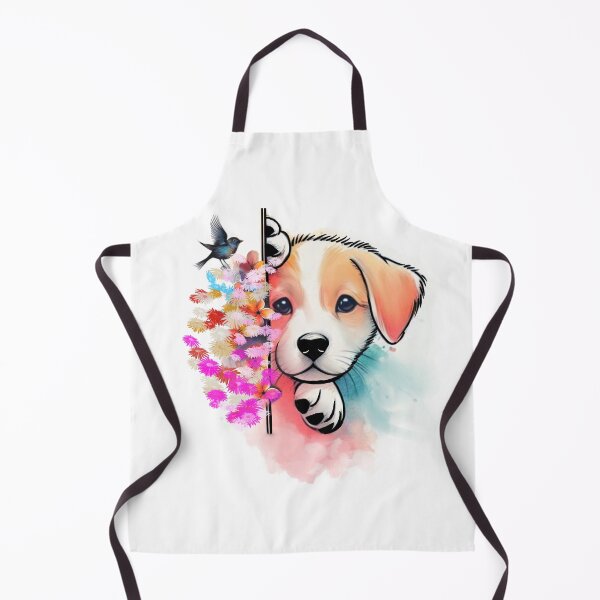 Aperçu de l'œuvre Chiot mignon avec des fleurs colorées et un oiseau (aquarelle) créée et vendue par ExploreAura Studio.