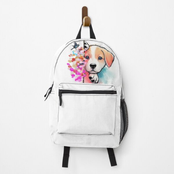 Aperçu de l'œuvre Chiot mignon avec des fleurs colorées et un oiseau (aquarelle) créée et vendue par ExploreAura Studio.