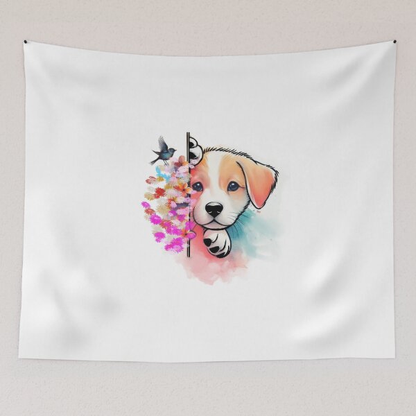 Aperçu de l'œuvre Chiot mignon avec des fleurs colorées et un oiseau (aquarelle) créée et vendue par ExploreAura Studio.