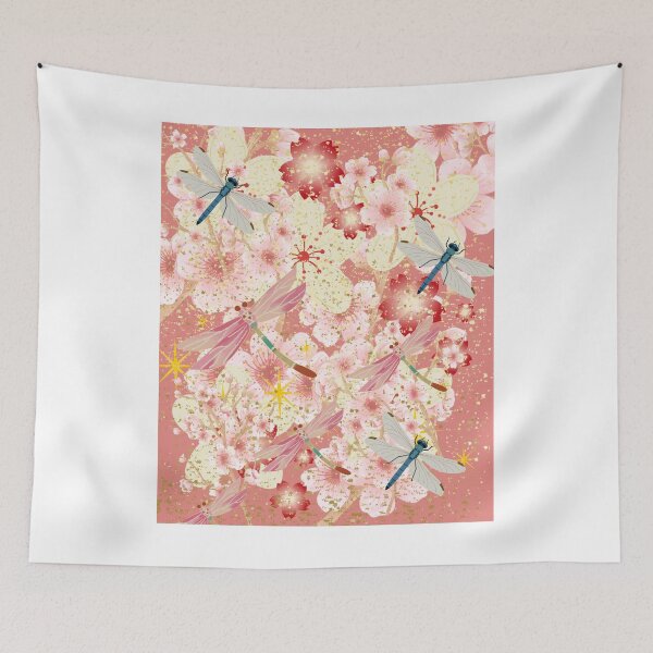 Item preview, Dragonfly Cherry Blossom Sakura Gold Sparkle Pink Japanese Art Print designed and sold by Extremeallie.