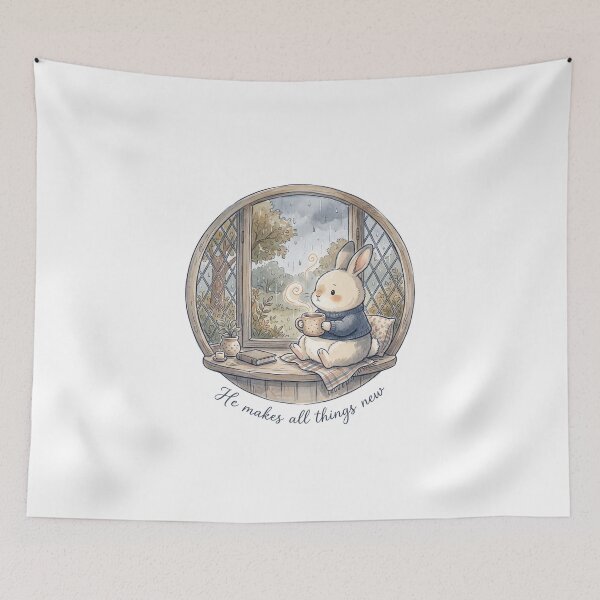 Item preview, Christian Cottagecore Rabbit Rain Window Tote Bag He Makes All Things New Bible Verse Gift designed and sold by Small & Beloved.