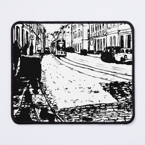 Item preview, Rothenburger Straße, black and white with train – Dresden 01099 designed and sold by UMA Urban Sketch.