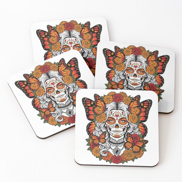 Item preview, Day of the Dead Sugar Skull Woman with Monarch Butterflies and Marigolds designed and sold by BumbleBloom7.
