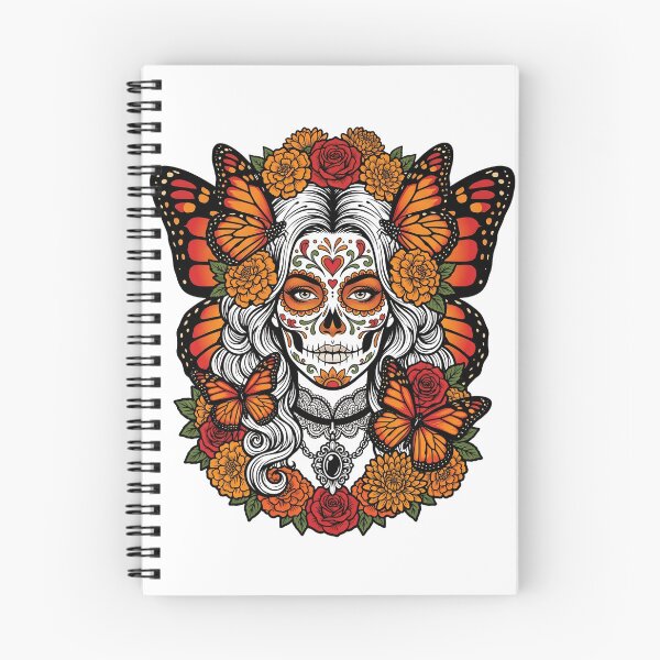 Item preview, Day of the Dead Sugar Skull Woman with Monarch Butterflies and Marigolds designed and sold by BumbleBloom7.